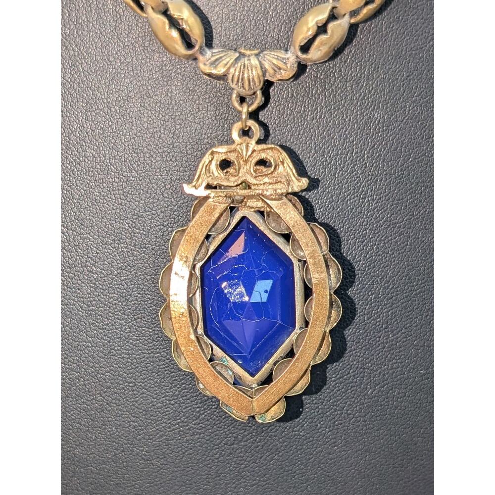 VTG/Antique Marked Czech Opaque Blue Pendant Muted Gold Tone Chain 16" Necklace - Picture 6 of 9